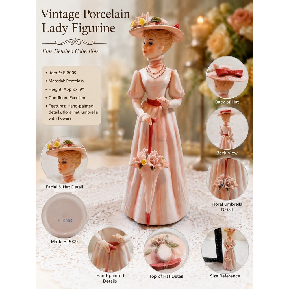 Vintage Porcelain Victorian Lady Figurine Pink Dress Parasol Hat E 9009 8 Inch